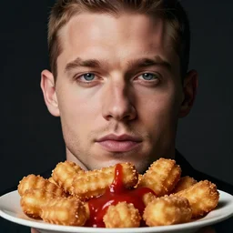channing tatum's face as tater tot on a plate with ketchup, face made from tater tot