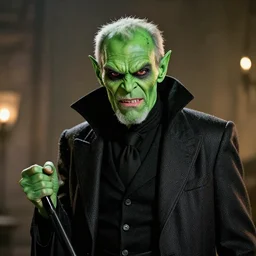 A studio photo of the supervillain Green Goblin as an old man, 50 years old, bokeh, 90mm, f/1.4
