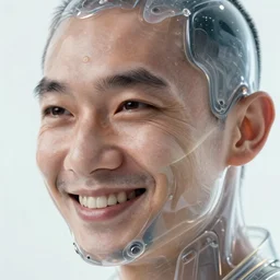 hyperrealistic close-up translucent exoskeleton!! smiling chinese man covered highly detailed concept art eric zener elson peter cinematic side soft light high angle hd 8k sharp shallow depth of field