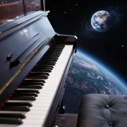 piano in space, hyper realistic