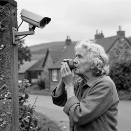 scarry old granny filmed om security camera, village 1976, bw, high detailed, horror