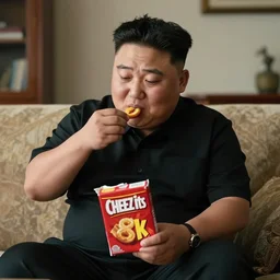 cinematic shot of kim jong - un sitting on a couch in an apartment eating a box of cheez - its, 8 k, very intricate, very detailed,