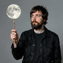 Thom Yorke, Radiohead singer Thom Yorke, holding the moon upon a stick, with a beard and a black jacket, a portrait by John E. Berninger, dribble, neo-expressionism, uhd image, studio portrait, 1990s