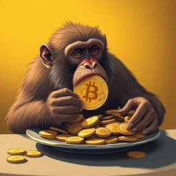 massive monkey eating a plate full of bitcoin