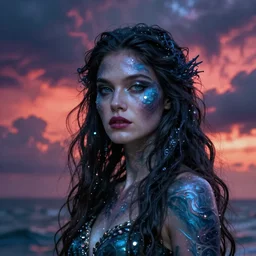 a close up portrait of the sea witch with vibrant turbulent skies, photorealistic, by jessica rossier, 4 k resolution