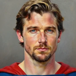 detailed oil painting realistic portrait of a close up of bradley cooper playing superman without beard and with blonde hair