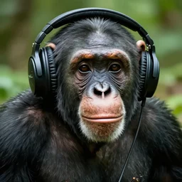 a high quality photo of a green chimp wearing headphones, realism, 8k