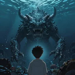 Facing the monster of the deeps, digital art, dark atmosphere, ocean by Marby Kwong, (((((((Makoto Shinkai Raphael Lacoste Martin Deschambault Finnian MacManus ArtStationhq IAMAG