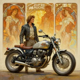 moebius and ralph mcquarrie style retro motorbike motorcycle futuristic sci - fi painting, star wars dune, the incal, alphonse mucha