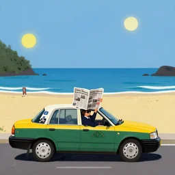 newspaper taxi appears on the shore, waiting to take you away in the style of Pauline Boty