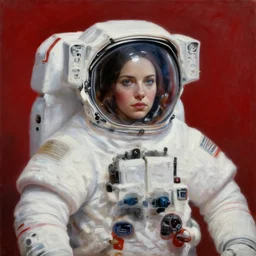 a portrait of an intensely lit female astronaut in space station, red, oil painting, pale colors, high detail, 8 k, wide angle, trending on artstation,