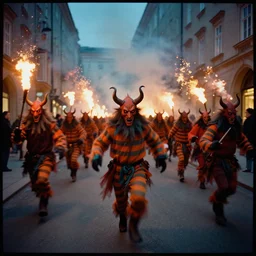 kodak portra 4 0 0, 1 0 0 mm macro, award winning dynamic vivid atmospheric photograph of hundreds of hazardous krampus, pelzebug, devils, by robert capas, in muted colours, striped orange and teal, motion blur, on a street in salzburg at night with colourful exploding pyro fire and torches, narrow shot, running fast towards the camera
