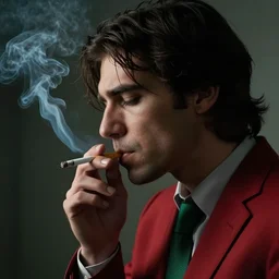 side view head and shoulders man with dark brown hair smoking cigarettes wearing red suit with green tie dramatic moody lighting melancholy