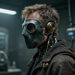 a half - masked rugged old laboratory elon with cybernetic enhancements as seen from a distance, scifi character portrait by greg rutkowski, esuthio, craig mullins, 1 / 4 headshot, cinematic lighting, dystopian scifi gear, gloomy, profile picture, mechanical, half robot, implants, steampunk