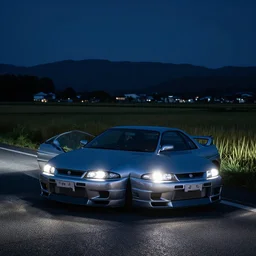 Beautiful Photograph of Nissan Skyline R33 on a road in Japanese countryside, Night