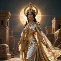 goddess of the ancient city  by Annie Swynnerton and Nicholas Roerich, strong dramatic cinematic lighting , ornate headdress , flowing robes, lost civilizations, smooth, sharp focus, extremely detailed