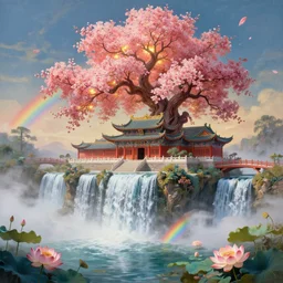 a gorgeous painting by barlowe wayne, maxfield parrish and marco mazzoni. xanadu chinese temple on a platform that extends over a great waterfall, a huge tallest magnificent peach blossom tree glowing, maroon leaves, bridge, 3 d, octane render, lotus flower lake, waterfall. fog, just one rainbow. 8 k.