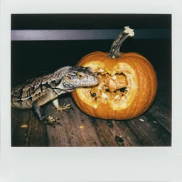a lizard eats pumpkin, creepy, polaroid, color