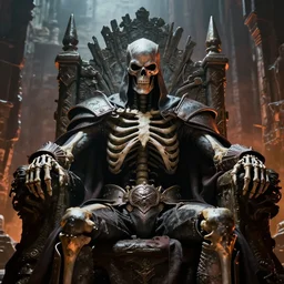 closeup of skeletor sitting in a throne in a decayed castle, dramatic lighting, frank frazetta, rim lighting, octane, dark souls, craig mulins, octane, 8 k