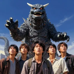 Men look up at the sky, frightened, a scene from a TOHO monster movie.