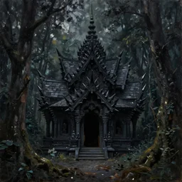 black temple with spikes in a dark forest, oil painting