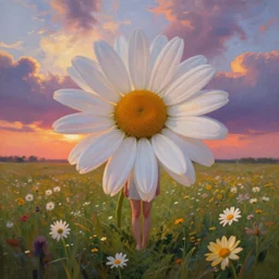 giant daisy flower on body, full body girl standing in a flower field, surreal photography, sunrise, dramatic light, impressionist painting, colorful clouds, digital painting, artstation, simon stalenhag