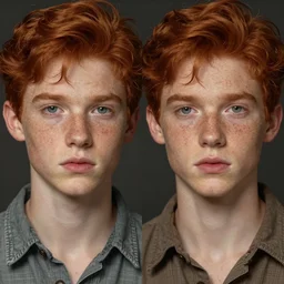 portrait of 1 9 - year - old male twins with red hair and freckles, two male, wearing shirts, hyper realistic face, beautiful eyes, fantasy art, in the style of greg rutkowski, intricate, alphonse mucha, hyper detailed, smooth