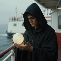 a closeup of a hooded figure on a ferry in the underworld holding a small perfect sphere, charon, greek mythology, beksinski
