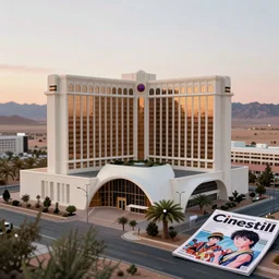 Cinestill 800t, 8K, 35mm; beautiful ultra realistic minimalistic lloyd wright (1950) film still scene, 2000s frontiers in magnesium based architecture magazine September wes anderson style seinen manga edition, highly detailed, extreme closeup three-quarter scene, tilt shift desert background, three point perspective, focus on las vegas hotel;sunset;wide;foliage, soft lighting
