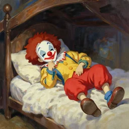 the silly clown awoke from its slumber beneath the bed frame, digital painting masterpiece, haunting beautiful brush strokes, painted by Moebius and Hayao Miyazaki and Akira Toriyama