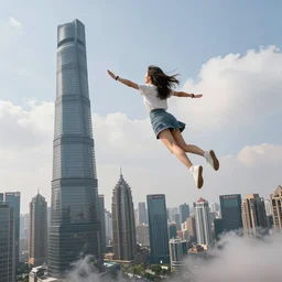 a girl flying upon shanghai lujiazui, cityscape, cloud day, artstation, 8 k