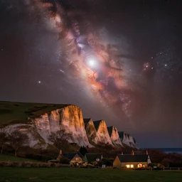 a deep field astrophotography astronomy photo of the pleiades cluster, messier 4 5, mutsuraboshi, double exposure with a nighttime landscape photo of the seven sisters cliff faces in cuckmere haven, famous composition with cottage, lpoty, award winning, beautiful, astronomy photo of the year, red, orange