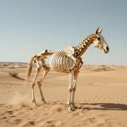 skeleton of a horse in an arid desert, sand covering it partially, pictured in a modern western, wide angle photography, cinematic