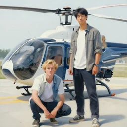 painting of blonde swedish guy and tall korean guy in front or robinson helicopter