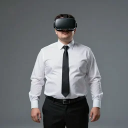 clean - shaven chubby white man wearing white dress shirt, necktie, and black dress pants wearing a vr headset. he look mesmerized. iq 4, f / 1. 4, iso 2 0 0, 1 / 1 6 0 s, 8 k, raw, dramatic lighting, symmetrical balance, in - frame