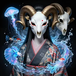 3 d goddess half - turn portrait with ram skull. beautiful intricately detailed japanese crow kitsune mask and clasical japanese kimono. betta fish, jellyfish phoenix, bio luminescent, plasma, ice, water, wind, creature, artwork by tooth wu and wlop and beeple and greg rutkowski