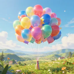 plenty of floating birthday balloons. beautiful landscape. digital art, highly - detailed, artstation cgsociety masterpiece