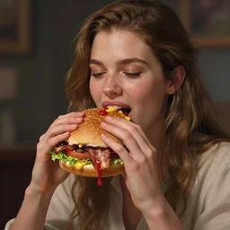 portrait photography of Rebecca Ferguson eating a giant hamburger, extra ketchup and mustard with overflowing bacon lettuce and tomato, cinematic lighting, highly detailed, feminine ethereal, D&D, hearthstone, digital painting, artstation, concept art, smooth, sharp focus, illustration, art by Terry Moore and Greg Rutkowski and Alphonse Mucha