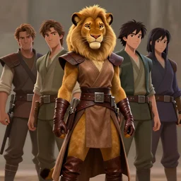 beautiful portrait of a female anthropomorphic lioness fursona wearing jedi robes. leather gloves, leather belt, leather boots. character design by disney, charlie bowater, ross tran, artgerm, and makoto shinkai, detailed, soft lighting, rendered in octane