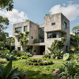 “verdant classical garden based on the brutalist architecture of carlo scarpa, sci-fi, light blue sky with clouds, dramatic matte painting, style by syd mead, 8k, octane render, photorealistic, hyperrealism”