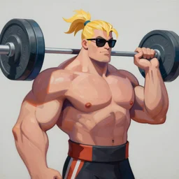 greg manchess portrait of thick muscular weightlifter zarya from overwatch with ponytail and blond hair wearing sunglasses, medium shot, asymmetrical, profile picture, organic painting, sunny day, matte painting, bold shapes, hard edges, street art, trending on artstation, by huang guangjian and gil elvgren and sachin teng