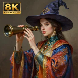an anthropomorphic beautiful female scientist portrait holding a telescope wearing colourful robe, fine art, award winning, intricate, elegant, sharp focus, octane render, hyperrealistic, wizard hat cinematic lighting, highly detailed, digital painting, 8 k concept art, art by jamie hewlett and z. w. gu, masterpiece, trending on artstation, 8 k