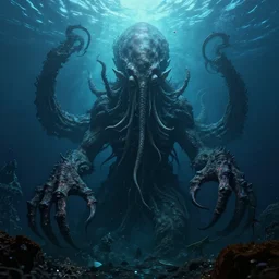 old god eldritch horror terrifying the deep abyss of the ocean floor, epic scene, underwater photography, hyper - detailed, gigantic cthulhu, photo - realistic wallpaper, dark art