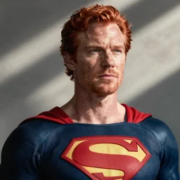 photograph of a male red haired, middle aged balding superhero