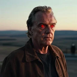 Jack Nicholson plays Terminator, his eye glow red, still from the film