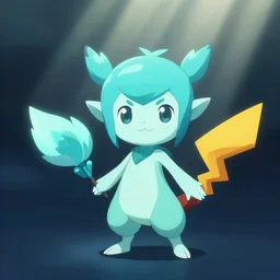 cyan cute spirit axie hit enemy pokemon with tail, fantasy, studio ghibli, clean cel shaded vector art, cinematic lighting, volumetric lighting, smooth, sharp focus, highly detailed, render in unreal engine 5, artstation, deviantart, behance, trending, epic composition, octane, light rays, award - winning