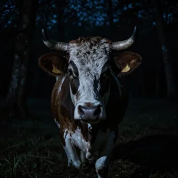 low quality photograph of a cow looking at the camera at night, dark, creepy mood, dark forest, low lighting