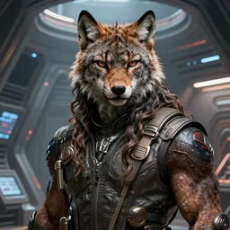 highly detailed digital painting, black male anthro - lynx, human with head of lynx, long furred, viking hair, with long thick wavy hair like fabio, facial scar, hairy masculine gigachad, muscular, wearing flight suit, in starship reactor room, classic science fiction, trending on artstation, romance novel,