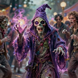 a bokeh photo of a zombie wizard emanating with magic, documentary film, an ultrafine detailed painting by james jean, cgsociety, figurative art, detailed painting, dystopian art, high detail greg rutkowski and andreas rocha, tristan eaton, victo ngai, artgerm, rhads, ross draws