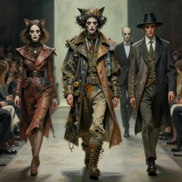 crazy fashion catwalk, freak show, one model, crazy clothes, biopunk style, horror, hauntingly surreal, highly detailed painting by francis bacon, edward hopper, adrian ghenie, gerhard richter, and james jean soft light 4 k